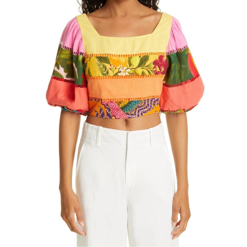FARM RIO top - Multi-colored Cropped Linen Puff Sleeve